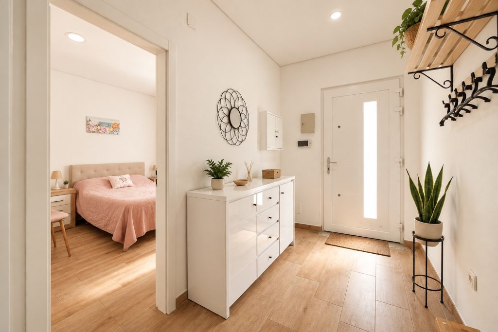 Hall de entrada com cómoda branca e acesso ao quarto principal, moradia T2 remodelada em Santo André, Barreiro
