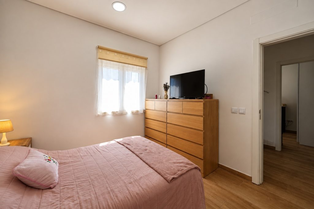 Quarto principal com cama de casal e cómoda em madeira, moradia T2 remodelada em Santo André, Barreiro