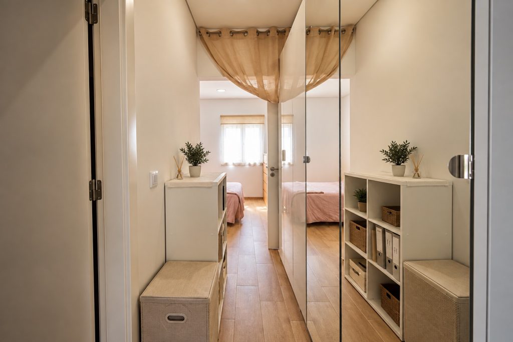 Closet da suite com arrumação, moradia T2 remodelada em Santo André, Barreiro
