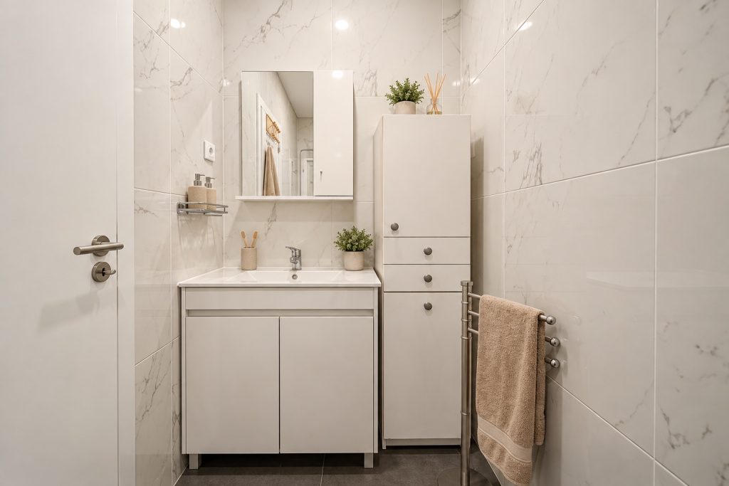 Casa de banho da suite com revestimento efeito mármore e móvel de lavatório branco, moradia no Barreiro