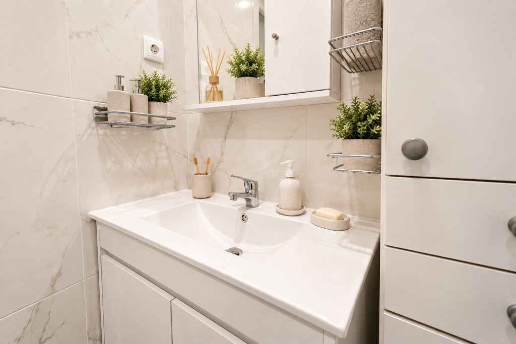 Lavatório da suite com móvel branco e revestimento efeito mármore, moradia T2 no Barreiro