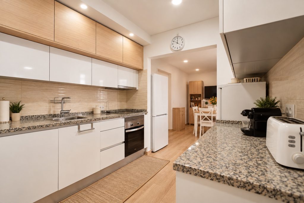 Cozinha remodelada com bancada em granito e móveis brancos e carvalho claro, aberta para a sala de refeições, moradia T2 no Barreiro
