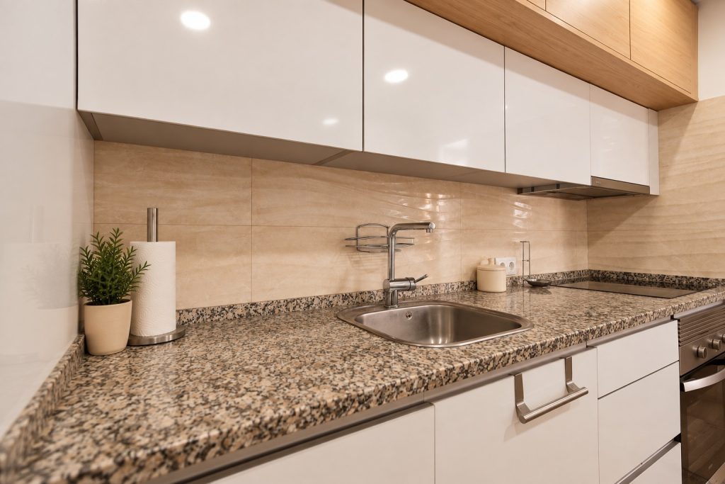 Bancada de cozinha em granito com lava-loiça em inox, moradia remodelada no Barreiro