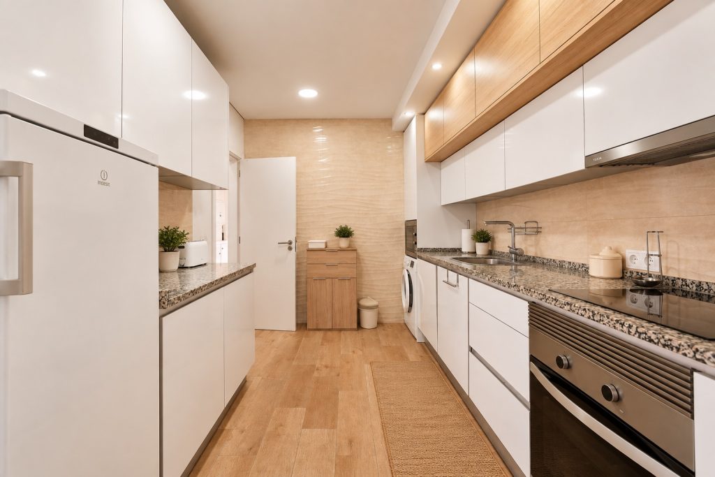 Cozinha equipada com móveis brancos e bancada em granito, moradia em Santo André, Barreiro